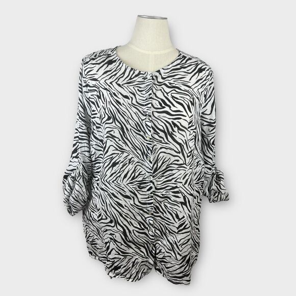 Cynthia Rowley Linen Tunic Zebra Animal Print 2X Blouse Black White Button Up - Picture 1 of 7